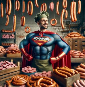 illustration montrant un boucher habillé en super héros entouré de saucisse avec inscription Novoviande
