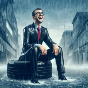 une homme en costard cravate souriant sous la pluie assis sur un pneu